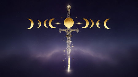 Night showing golden sword and moon phases against a starry night sky with nebula.