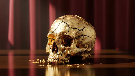 Skull showing golden cracked skull with flecks of gold leaf on a dark stage with red curtains....の写真素材