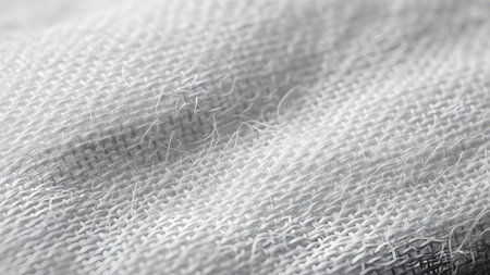 Loose showing extreme close up of a white woven fabric texture with visible fibers and threads...