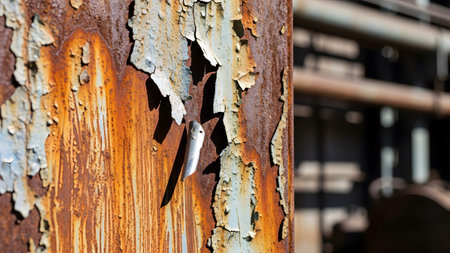 Detailed close up of peeling paint on a rusted metal pole with a blurred industrial background...