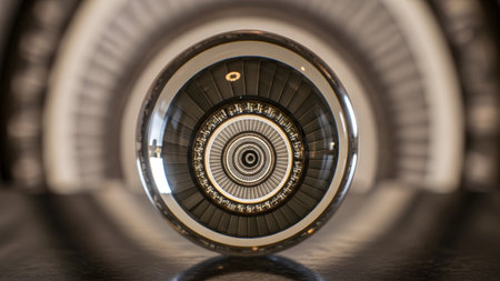 Modern showing glass sphere reflecting a modern industrial turbine or engine interior.
