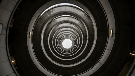 Showing looking up through a concrete spiral parking garage showing concentric circles...の写真素材