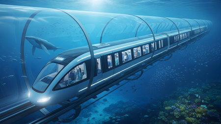 A sleek, futuristic train moves through a transparent underwater tunnel, surrounded by marine...