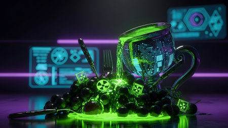 An ornate chalice spills glowing neon green liquid onto dark grapes, surrounded by futuristic...