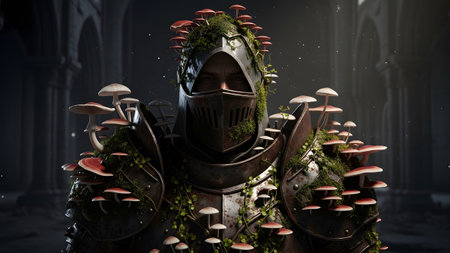 showing knight in dark armor with red and white mushrooms and moss in a dark castle.の写真素材
