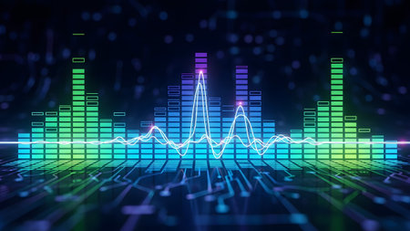 Neon green and blue equalizer bars display a white waveform against a dark, detailed circuit...