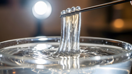 A metallic liquid drips from a thin rod into a clear glass bowl filled with water, creating ripples.
