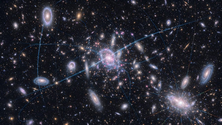 A dark cosmic scene featuring numerous galaxies and star clusters, interwoven with thin blue...