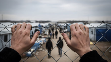 showing hands holding a wire fence looking out at a camp with blue and white tents...