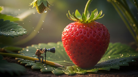 A tiny person with a backpack and binoculars stands on a yellow pencil, observing a large red...の写真素材