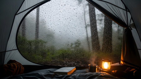 showing inside a tent during rain with a book, mug, and lit lantern on a sleeping pad....の写真素材