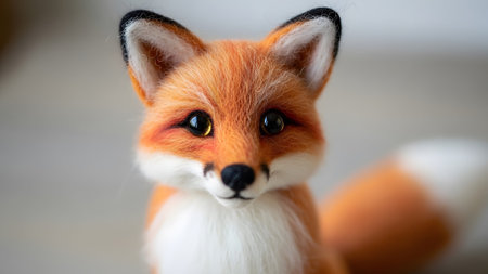 Figurine showing front view needle felted fox figurine with large dark eyes and orange fur.の写真素材