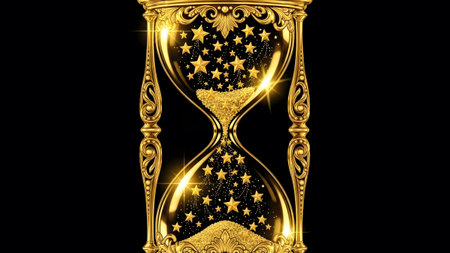 A golden hourglass filled with sparkling stars and sand stands out against a black background.