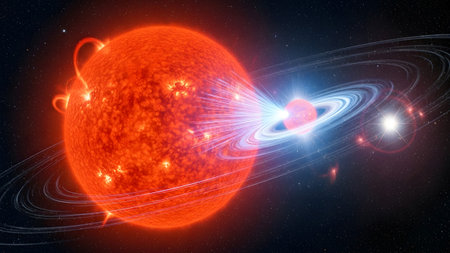 A dramatic scene of a red giant star ejecting plasma towards a white dwarf, surrounded by a...
