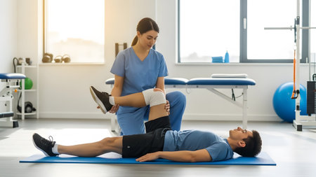 Woman showing woman in blue scrubs assists man with knee bend exercise on mat in physiotherapy...