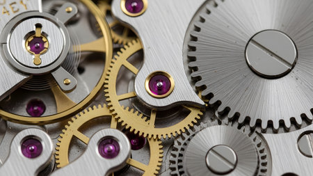Bearings showing intricate close-up view of watch mechanism with gears, springs, and ruby...