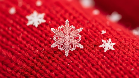 Several intricate ice crystal snowflakes are scattered across a vibrant red knitted fabric with...