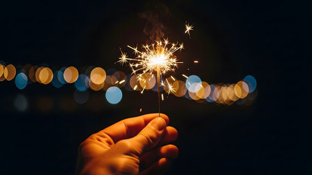 showing hand holding a sparkler with golden sparks and bokeh lights in the background....