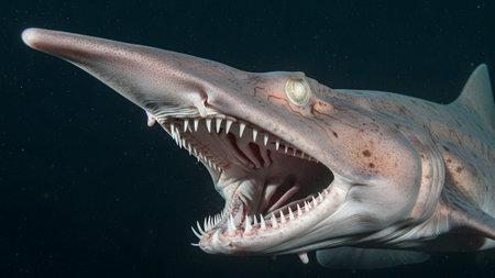 Showing goblin shark with mouth open showing sharp teeth and pinkish skin underwater....