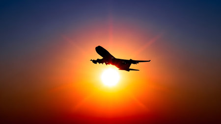 A silhouetted airplane is captured in flight against a vibrant sunset sky transitioning from...の写真素材