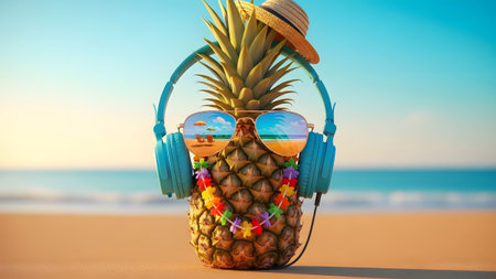 Headphones showing pineapple with headphones sunglasses hat and lei on a beach with ocean...