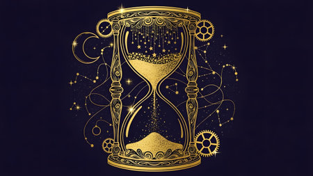 An ornate golden hourglass filled with sparkling sand celestial constellations and a crescent moon.