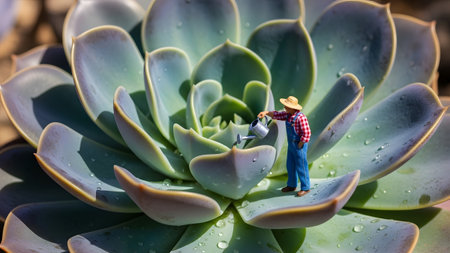 A tiny person in a plaid shirt waters a large, blue-green succulent plant with many water droplets.