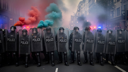 A line of riot police in full gear stands with shields, facing colorful red and teal smoke bombs...