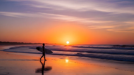 A lone surfer walks on a wet sandy beach reflecting the vibrant orange and purple sunset sky...