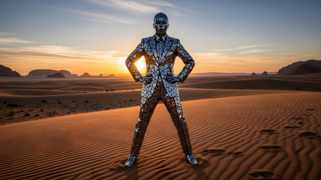 A man in a mirrored suit stands in a desert with sand dunes and mountains at sunset.......