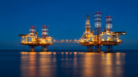 An offshore oil rig platform complex is illuminated against a deep blue twilight sky, with calm...