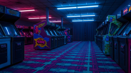 Arcade showing retro arcade hall with rows of colorful vintage game cabinets under neon blue and...