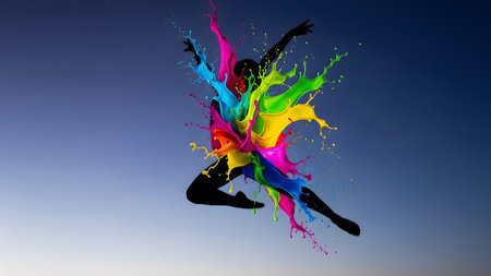 Silhouette showing silhouette of a leaping dancer with a burst of bright, multi-colored liquid...