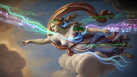 A classical figure with a robotic arm reaches out amidst flowing digital data streams and clouds.