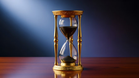 An ornate golden hourglass containing dark sand sits on a wooden surface with a deep blue...