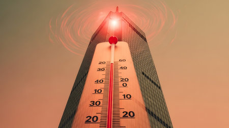 Showing skyscraper with giant thermometer showing temperature and red swirling heat...