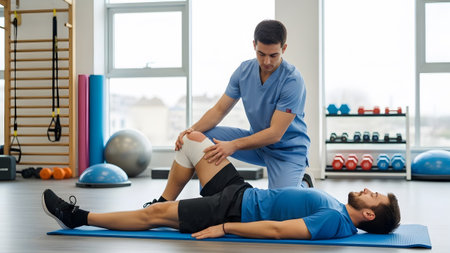 showing male physiotherapist guides man through knee rehabilitation exercise in gym.の写真素材