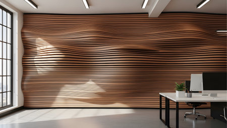 An office environment showcasing a large wooden slatted wall with a smooth, flowing, undulating...