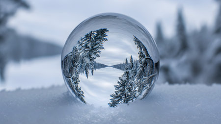 A clear crystal ball on a snowy surface an inverted reflection of a dense, snow-covered pine...の写真素材