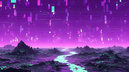 Over showing vast digital landscape with a glowing river and glitchy sky over dark mountains....