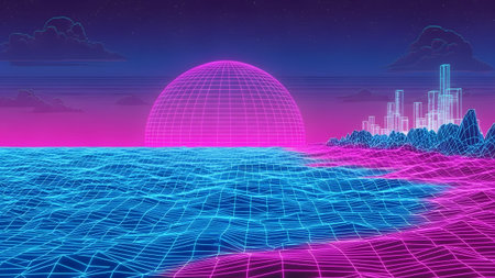 A wireframe cityscape and ocean landscape under a glowing pink grid sunset with blue water.