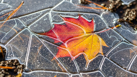 Two red and yellow maple leaves are frozen in cracked ice, with soil and pine needles visible...