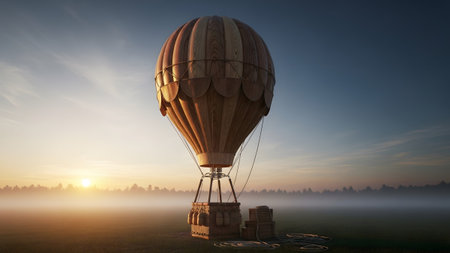 (2497) showing wooden hot air balloon in a misty field at sunrise with a forest line in the...の写真素材