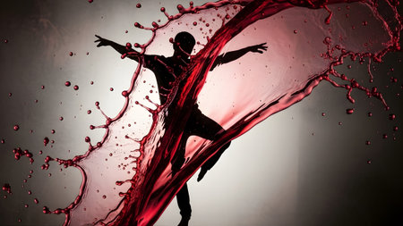 Dancer showing silhouette of a dancer in a dynamic pose surrounded by a splash of red liquid....