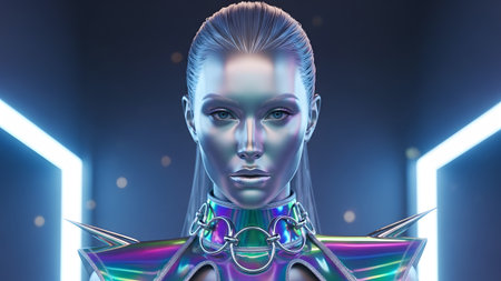 Woman showing silver-haired woman with holographic outfit and cyberpunk style collar.の写真素材
