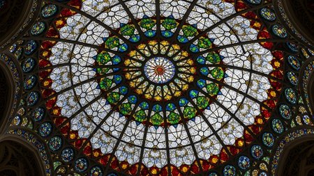 Radiating showing vibrant circular stained glass dome ceiling with radiating geometric patterns...