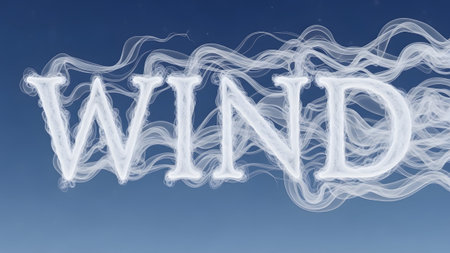 White smoke forms the word WIND against a bright blue sky, with flowing ethereal wisps of smoke.の写真素材