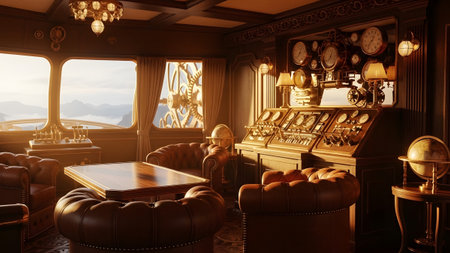 Steampunk showing steampunk interior with leather armchairs, control panel, and large windows...