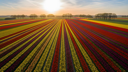 Rows showing vast dutch tulip fields in rows of red yellow and purple under a bright sunlit sky...