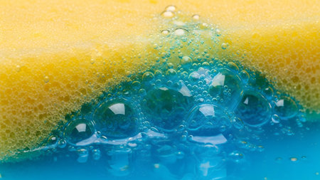 Foam showing yellow sponge absorbing bright blue liquid creating numerous bubbles and foam macro...の写真素材